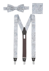 (Blau) Hosenträger Set Paisley Seide mit Fliege und Einstecktuch – Gesamtansicht Y-Form
