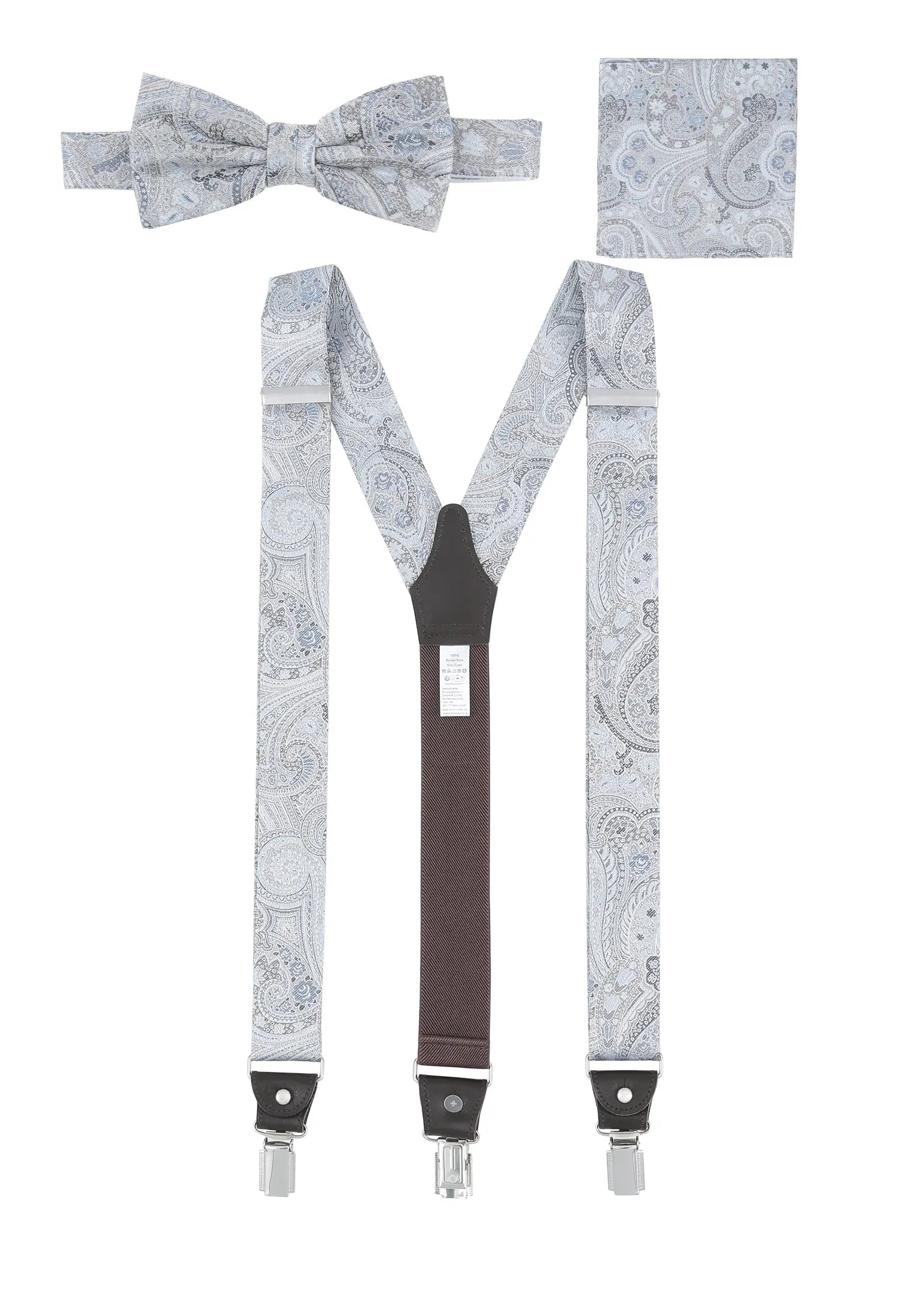 (Blau) Hosenträger Set Paisley Seide mit Fliege und Einstecktuch – Gesamtansicht Y-Form