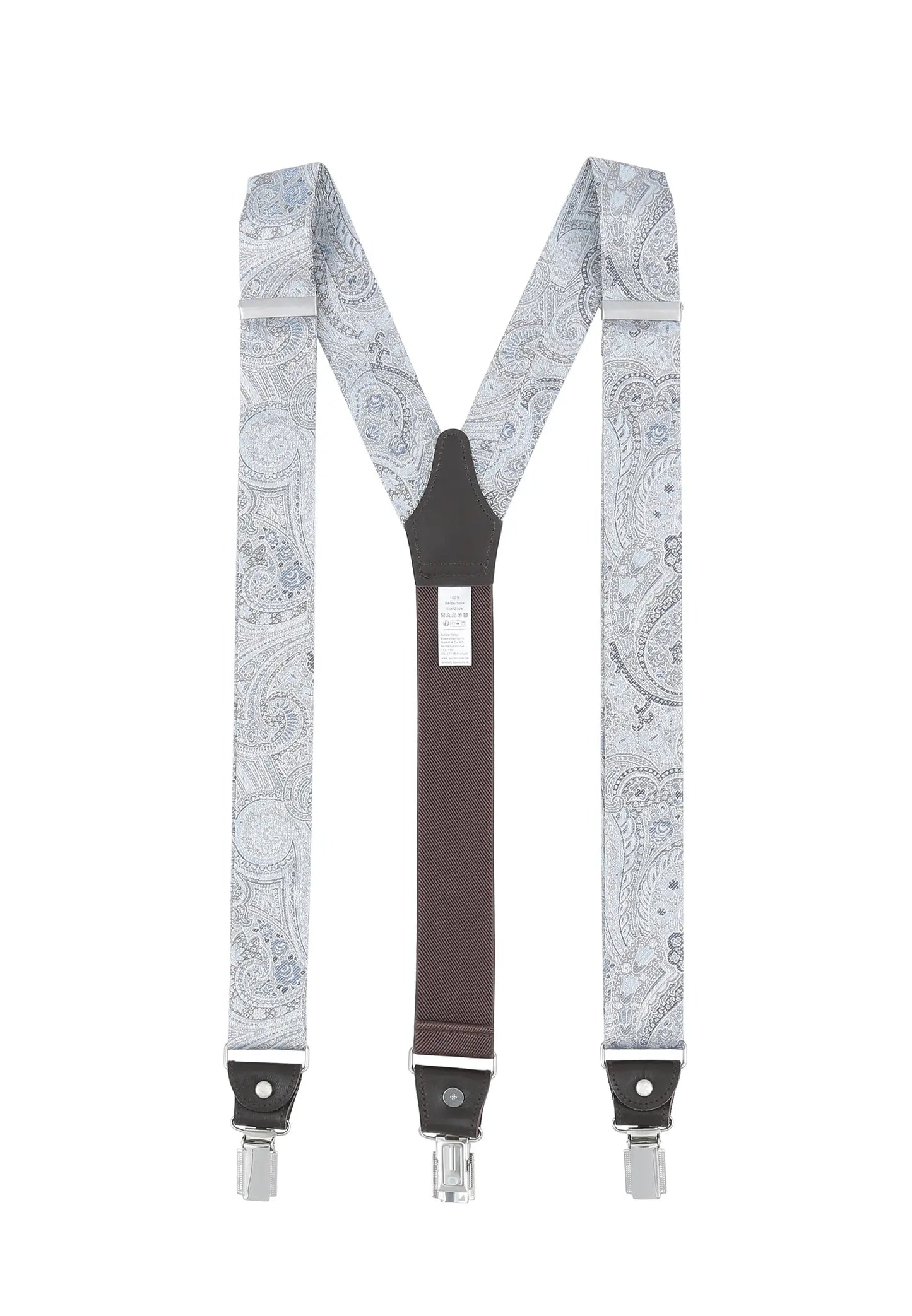 (Blau) Hosenträger Herren Paisley Seide – Y-Form Rückansicht mit Clips und Lederdetails