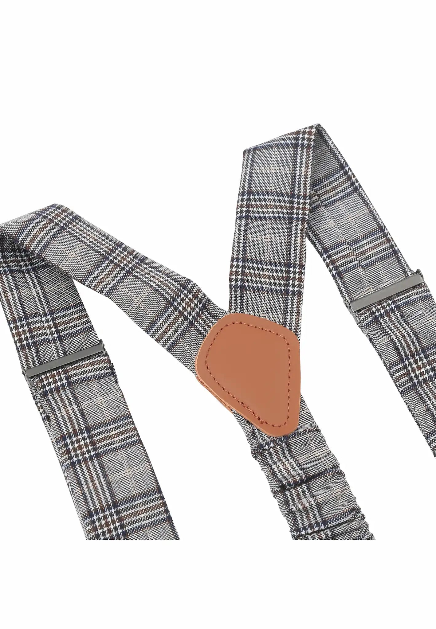 (Grau) Detailaufnahme Rückenstück mit Leder und Glencheck-Stoff, saubere Nähte und Metallteile