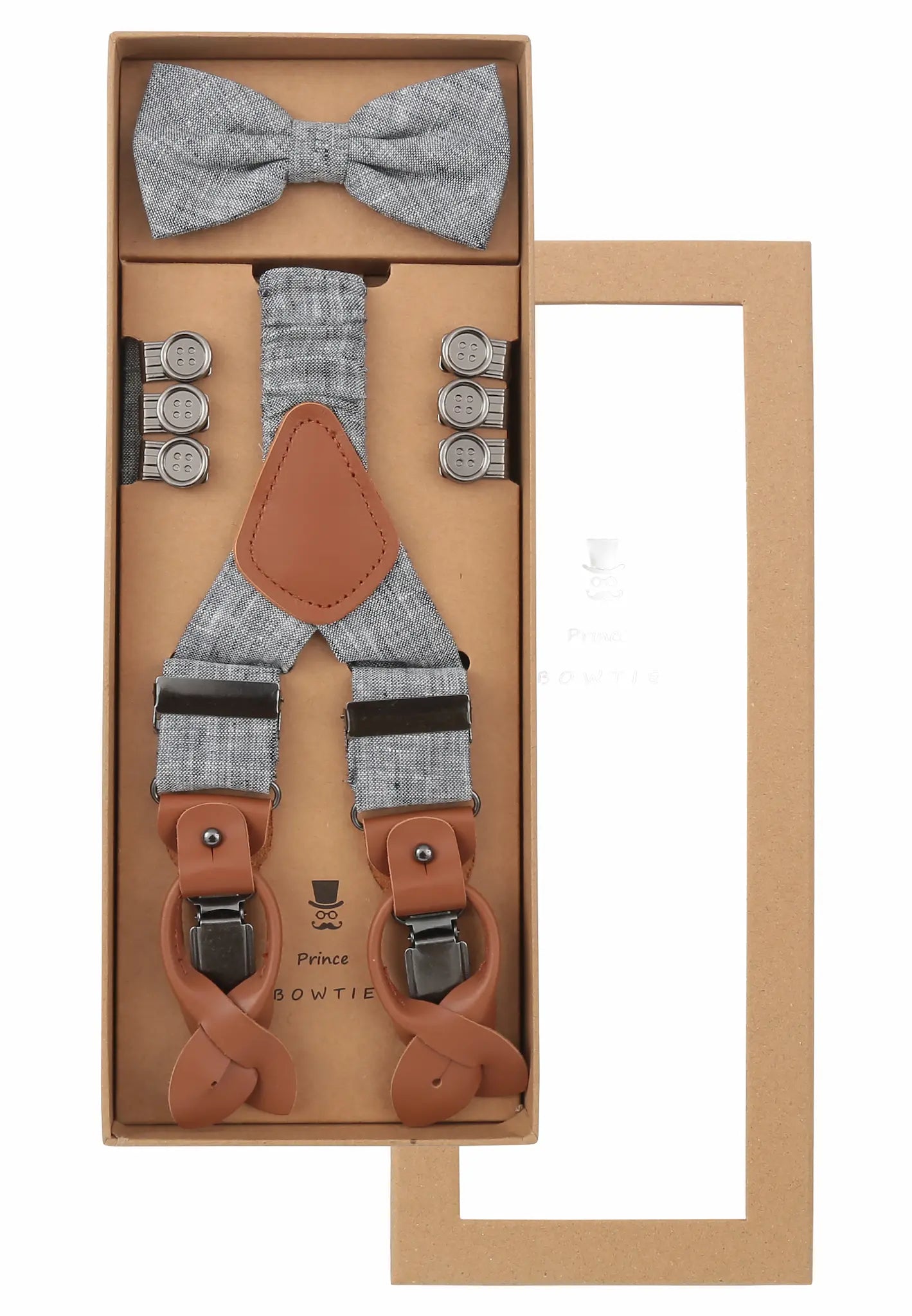 (Blau) Hosenträger Set Herren Leinen mit Fliege – Geschenkbox Prince Bowtie