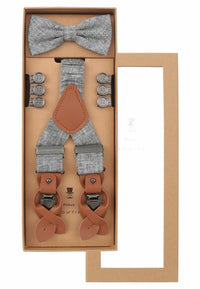 (Grau) Hosenträger Set Herren Leinen mit Fliege – Geschenkbox Prince Bowtie