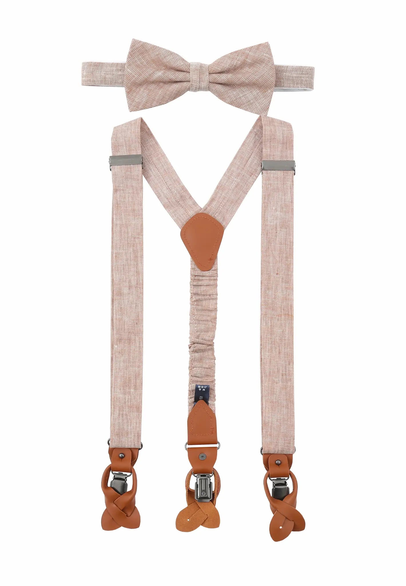 (Beige) Hosenträger und Fliege Herren Leinen – Y-Form mit Lederdetails