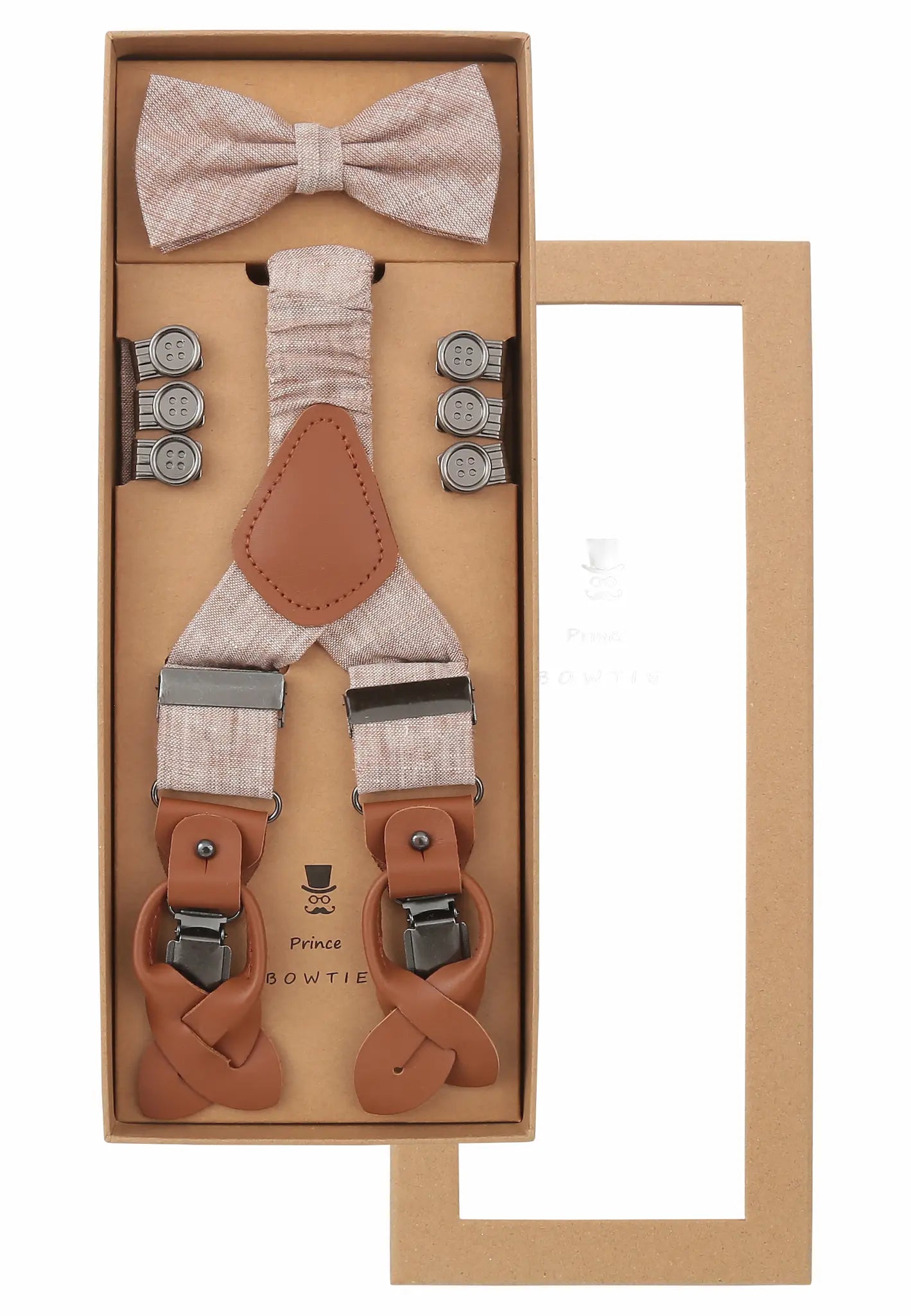 (Beige) Hosenträger Set Herren Leinen mit Fliege – Geschenkbox Prince Bowtie