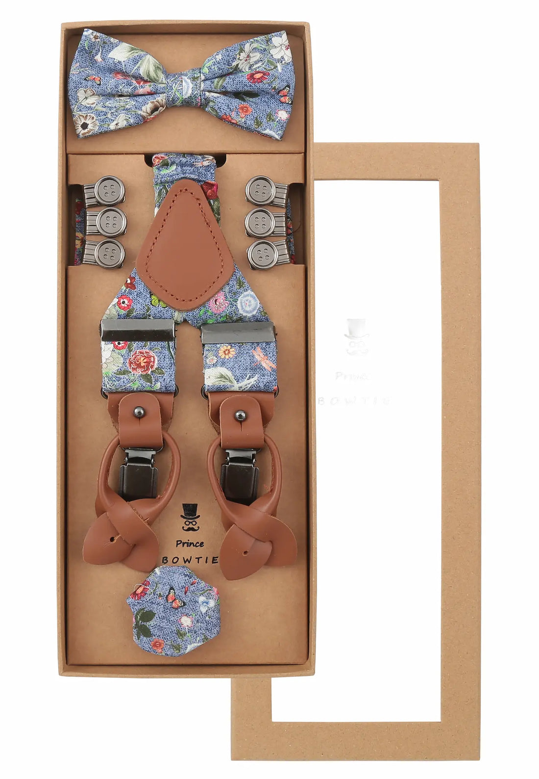 (Blau) Hosenträger Set Herren Blumenmuster mit Fliege – Geschenkbox