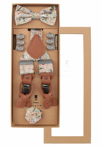 (Beige) Hosenträger Set Herren Blumenmuster mit Fliege – Geschenkbox