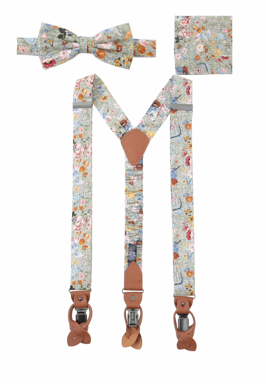 (Grün) Hosenträger Set Blumenmuster mit Fliege und Einstecktuch – Gesamtansicht