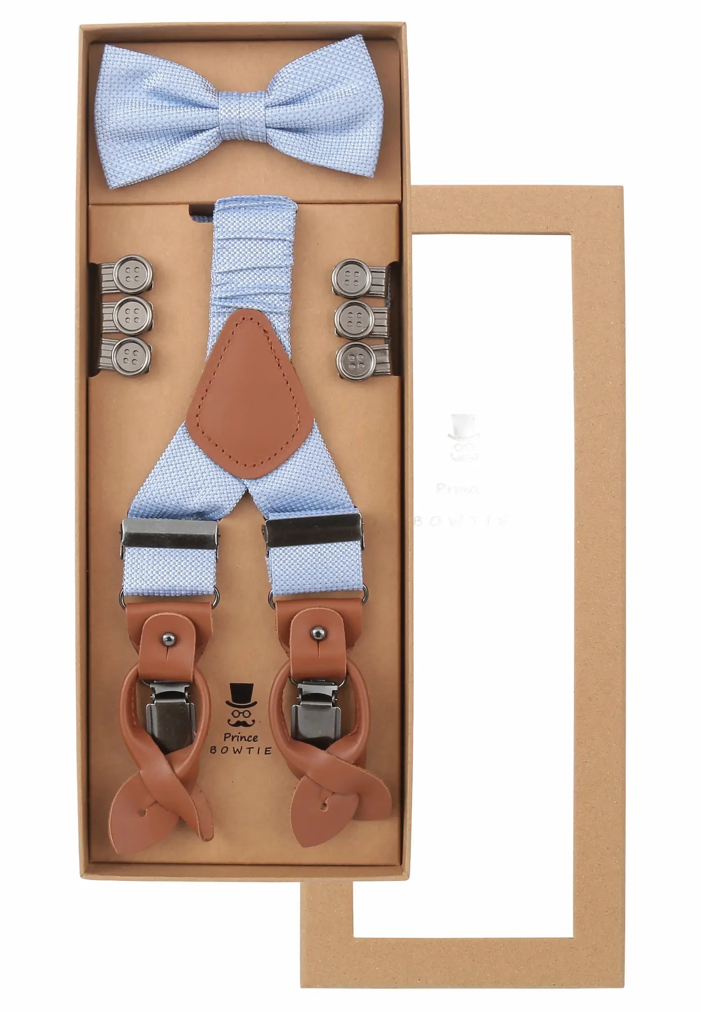 (Hellblau) Hosenträger Set Herren mit Fliege Mikromuster Seide – Geschenkbox Prince Bowtie
