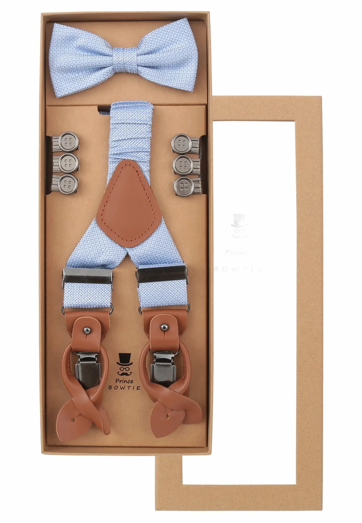 (Hellblau) Hosenträger Set Herren mit Fliege Mikromuster Seide – Geschenkbox Prince Bowtie