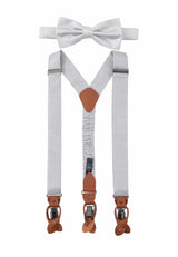 (Silber) Hosenträger und Fliege Herren Mikromuster Seide – Y-Form mit Lederdetails