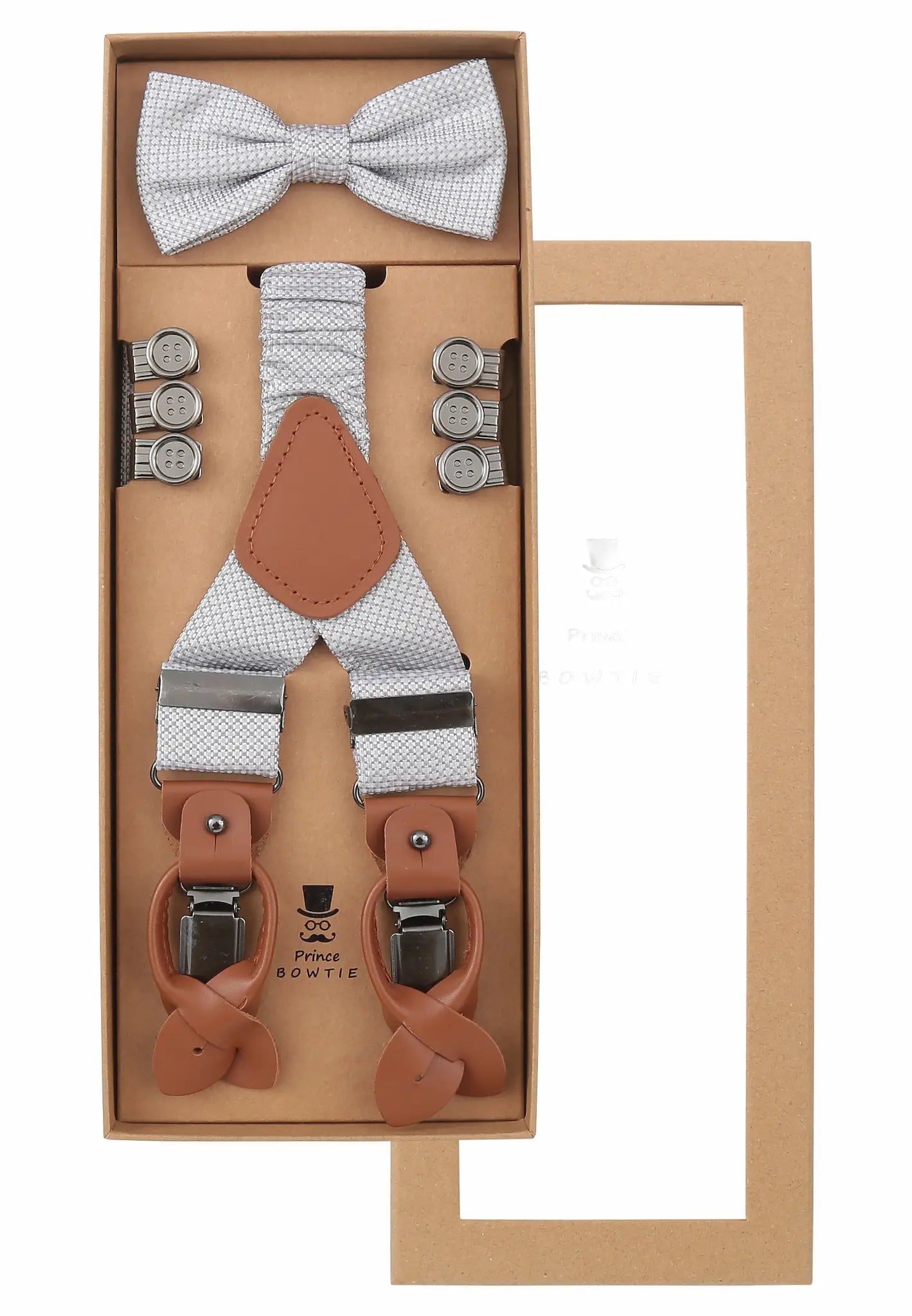 (Silber) Hosenträger Set Herren mit Fliege Mikromuster Seide – Geschenkbox Prince Bowtie