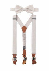 (Beige) Hosenträger und Fliege Herren Mikromuster Seide – Y-Form mit Lederdetails