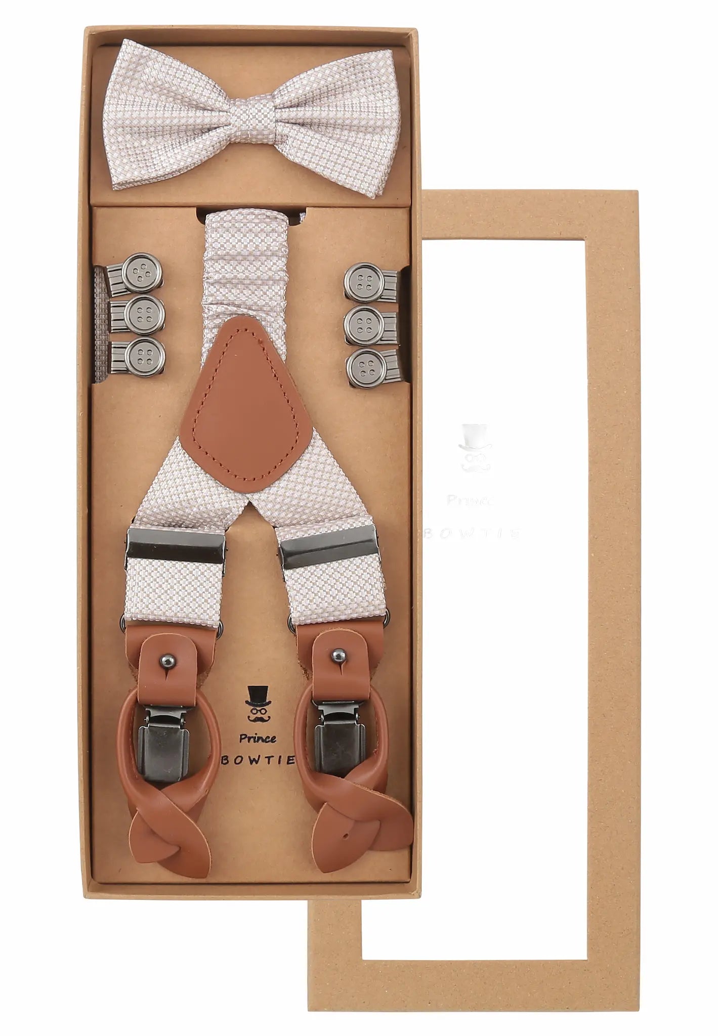 (Beige) Hosenträger Set Herren mit Fliege Mikromuster Seide – Geschenkbox Prince Bowtie
