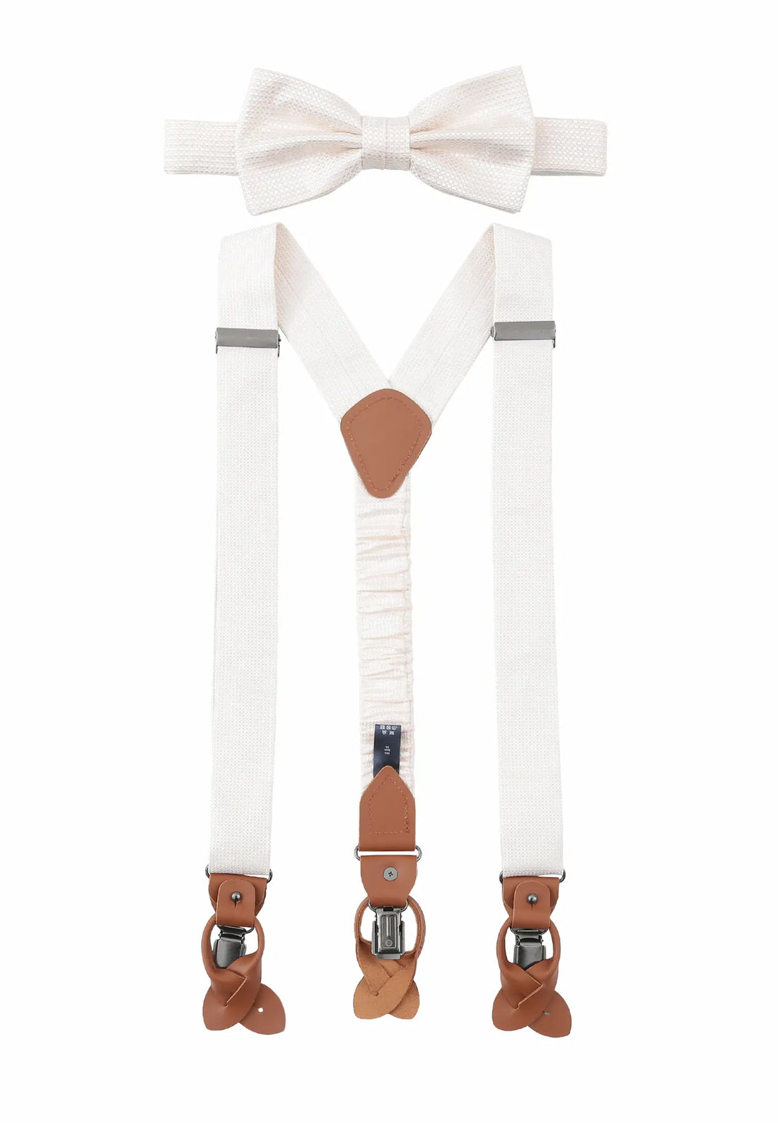 (Off-White) Hosenträger und Fliege Herren Mikromuster Seide – Y-Form mit Lederdetails