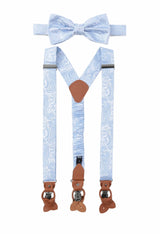 (Hellblau) Hosenträger und Fliege Herren Paisley Seide – Y-Form mit Lederdetails