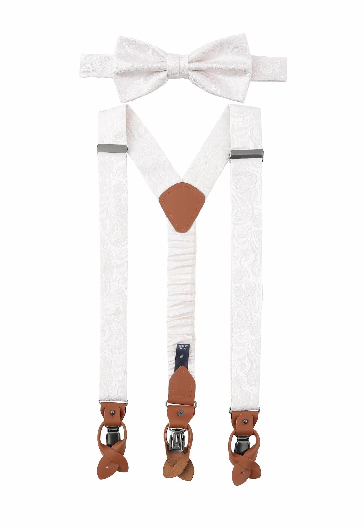 (Off-White) Hosenträger und Fliege Herren Paisley Seide – Y-Form mit Lederdetails