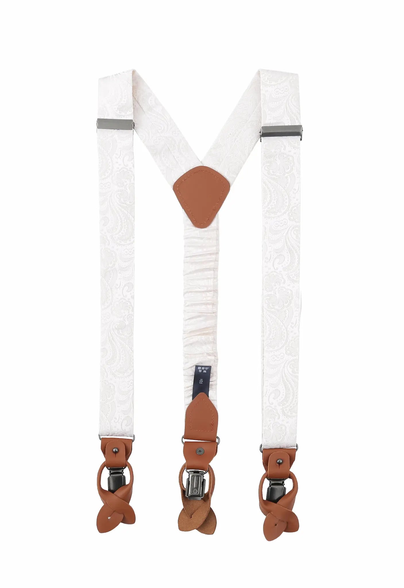 (Off-White) Hosenträger Herren Seide – Rückansicht Y-Form mit Clips und Lederschlaufen