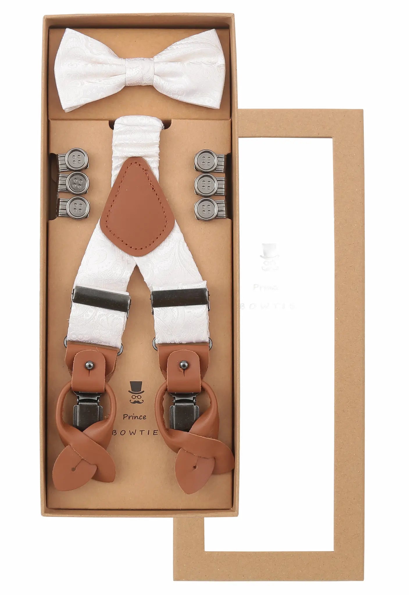 (Off-White) Hosenträger Set Herren mit Fliege Paisley Seide – Geschenkbox Prince Bowtie