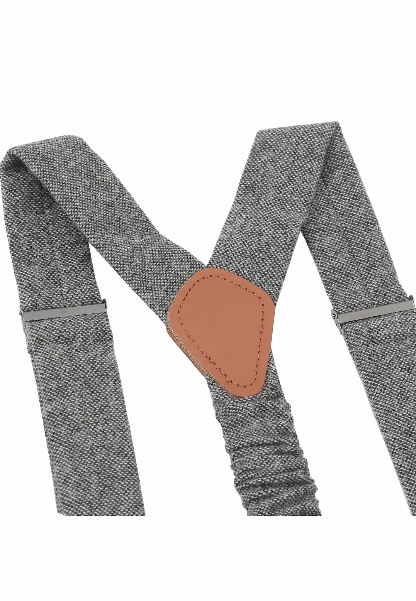 (Grau) Hosenträger Tweed – Detailansicht Rindsleder Rückenteil