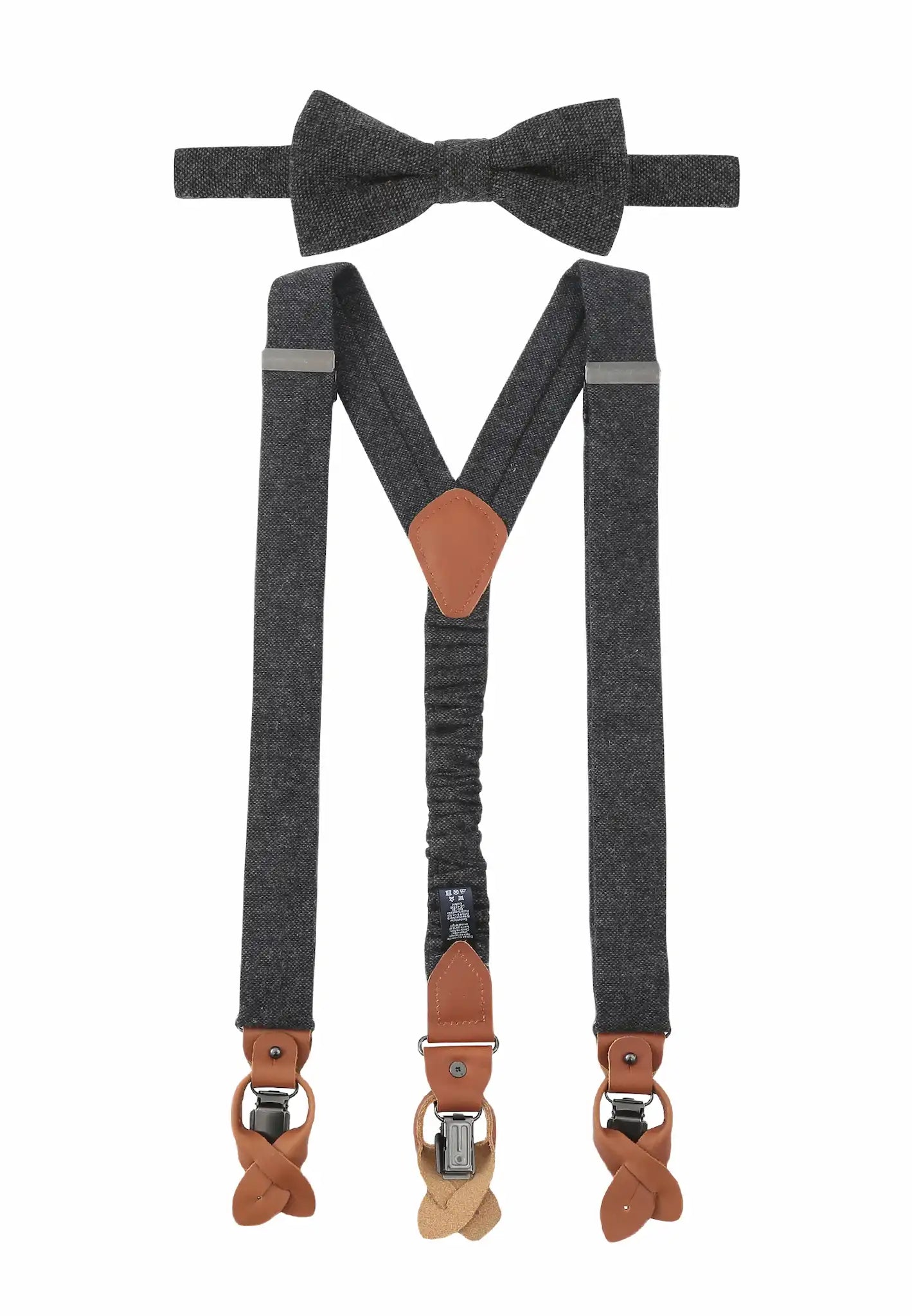 (Anthrazit) Hosenträger und Fliege Herren Tweed – Y-Form mit Lederdetails