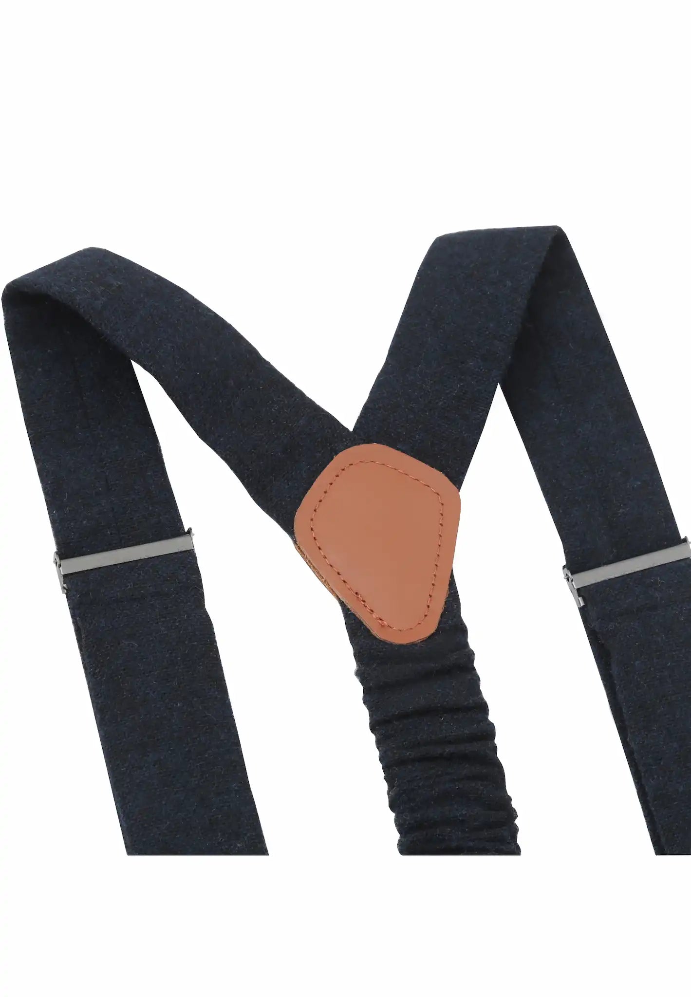 (Dunkelblau) Hosenträger Tweed – Detailansicht Rindsleder Rückenteil