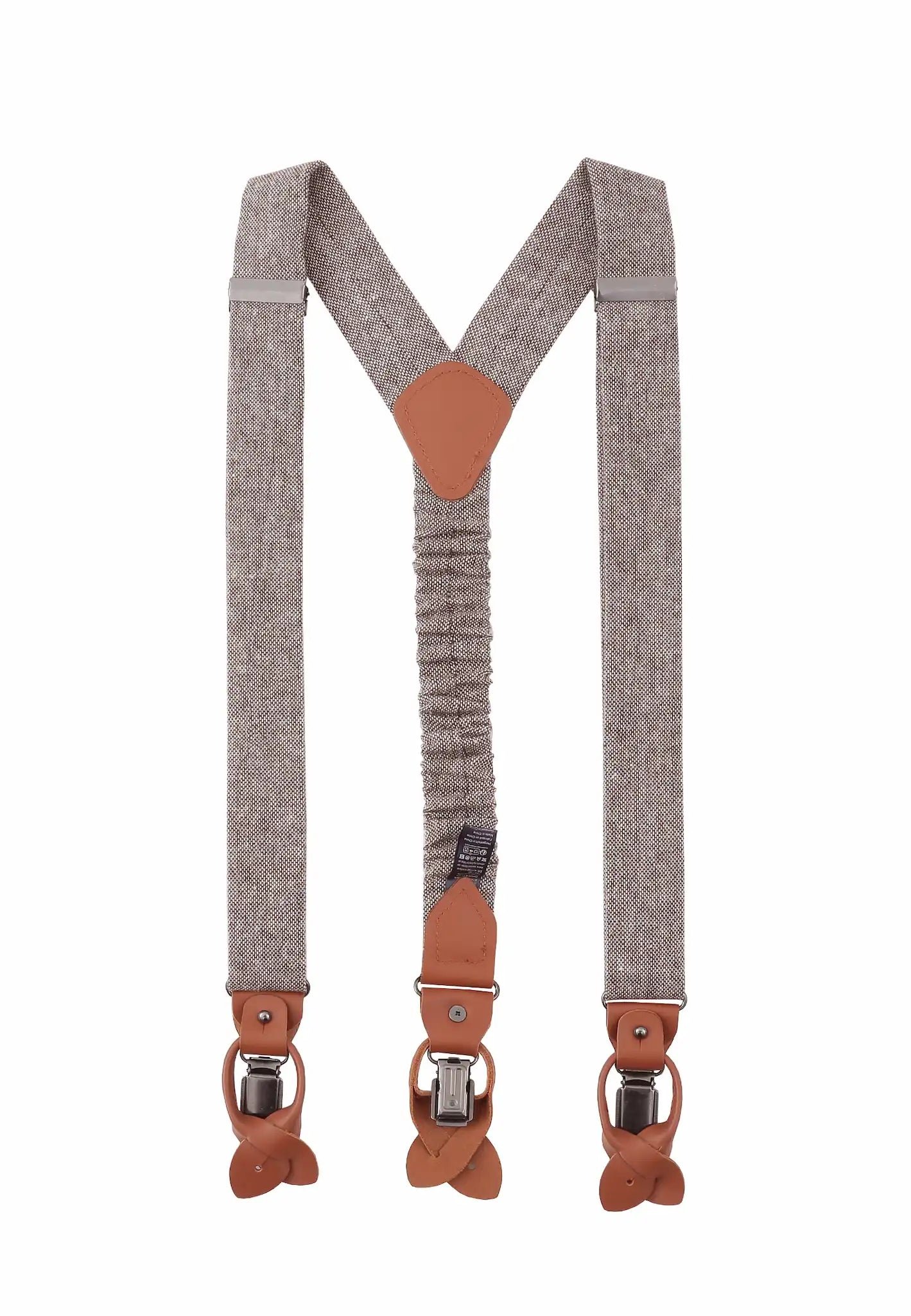 (Beige) Hosenträger Herren Tweed – Rückansicht Y-Form mit Clips und Lederschlaufen
