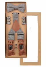 (Beige) Hosenträger Set Herren mit Fliege Tweed Wolle – Geschenkbox Prince Bowtie