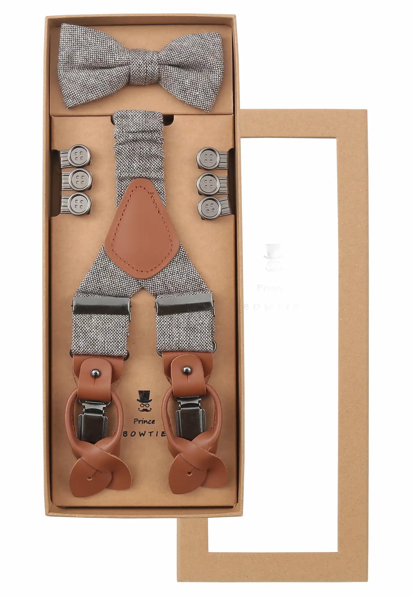 (Beige) Hosenträger Set Herren mit Fliege Tweed Wolle – Geschenkbox Prince Bowtie
