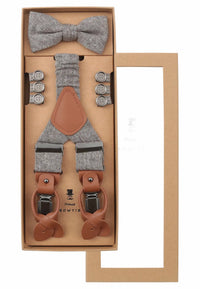 (Beige) Hosenträger Set Herren mit Fliege Tweed Wolle – Geschenkbox Prince Bowtie