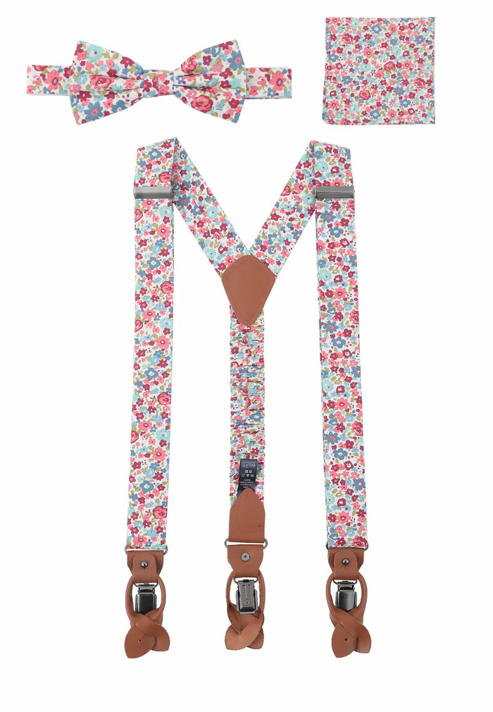 Hosenträger Set Herren mit Fliege & Einstecktuch aus Baumwolle - Blumenmuster