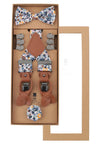 (Dunkelblau) Hosenträger Set Blumenmuster mit Fliege und Einstecktuch – Geschenkverpackung Prince Bowtie