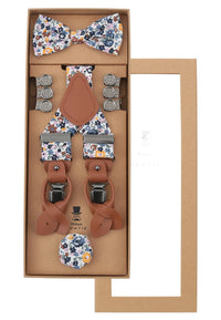 (Dunkelblau) Hosenträger Set Blumenmuster mit Fliege und Einstecktuch – Geschenkverpackung Prince Bowtie