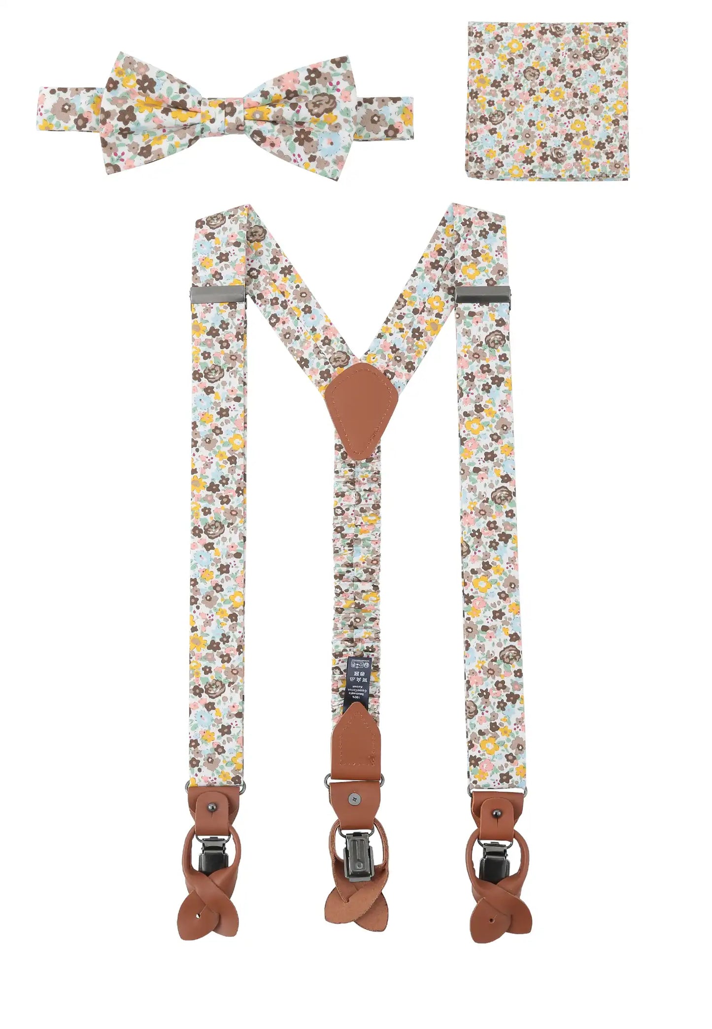 (Beige) Hosenträger Set Herren Blumenmuster Baumwolle – Gesamtansicht mit Fliege und Einstecktuch