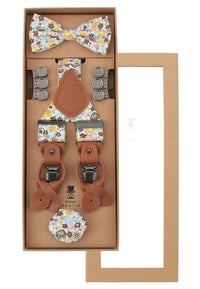 (Beige) Hosenträger Set Blumenmuster mit Fliege und Einstecktuch – Geschenkverpackung Prince Bowtie