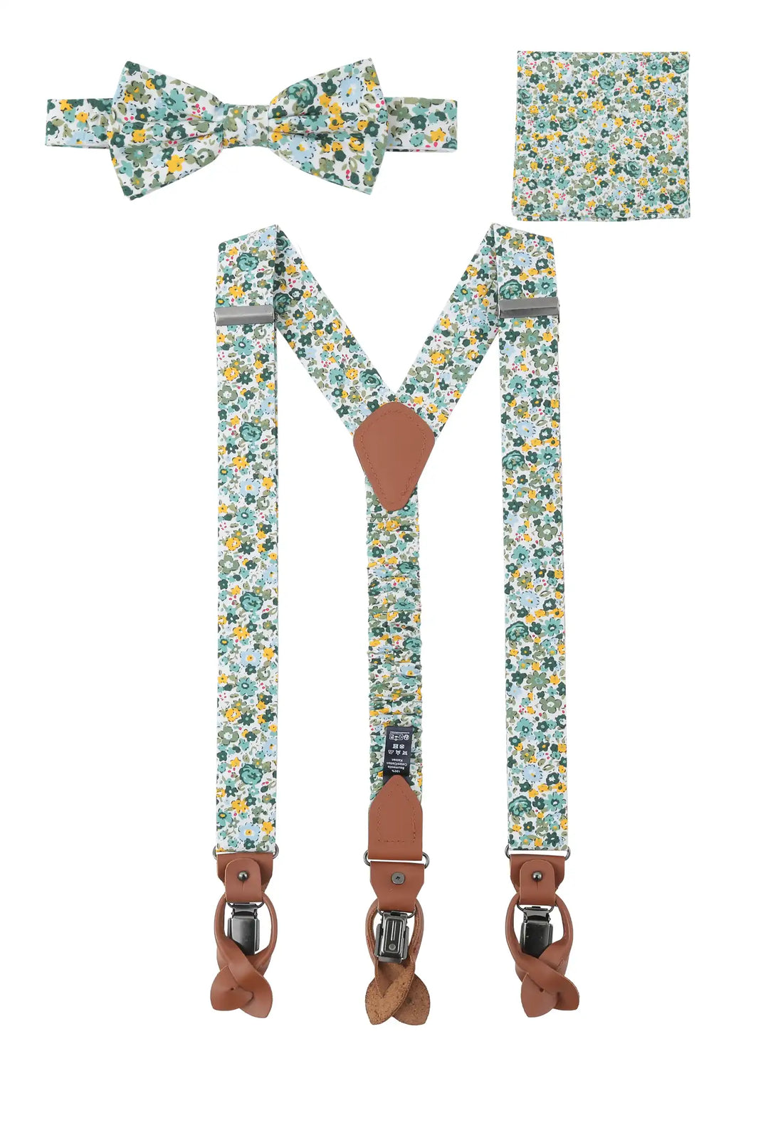 (Grün) Hosenträger Set Herren Blumenmuster Baumwolle – Gesamtansicht mit Fliege und Einstecktuch