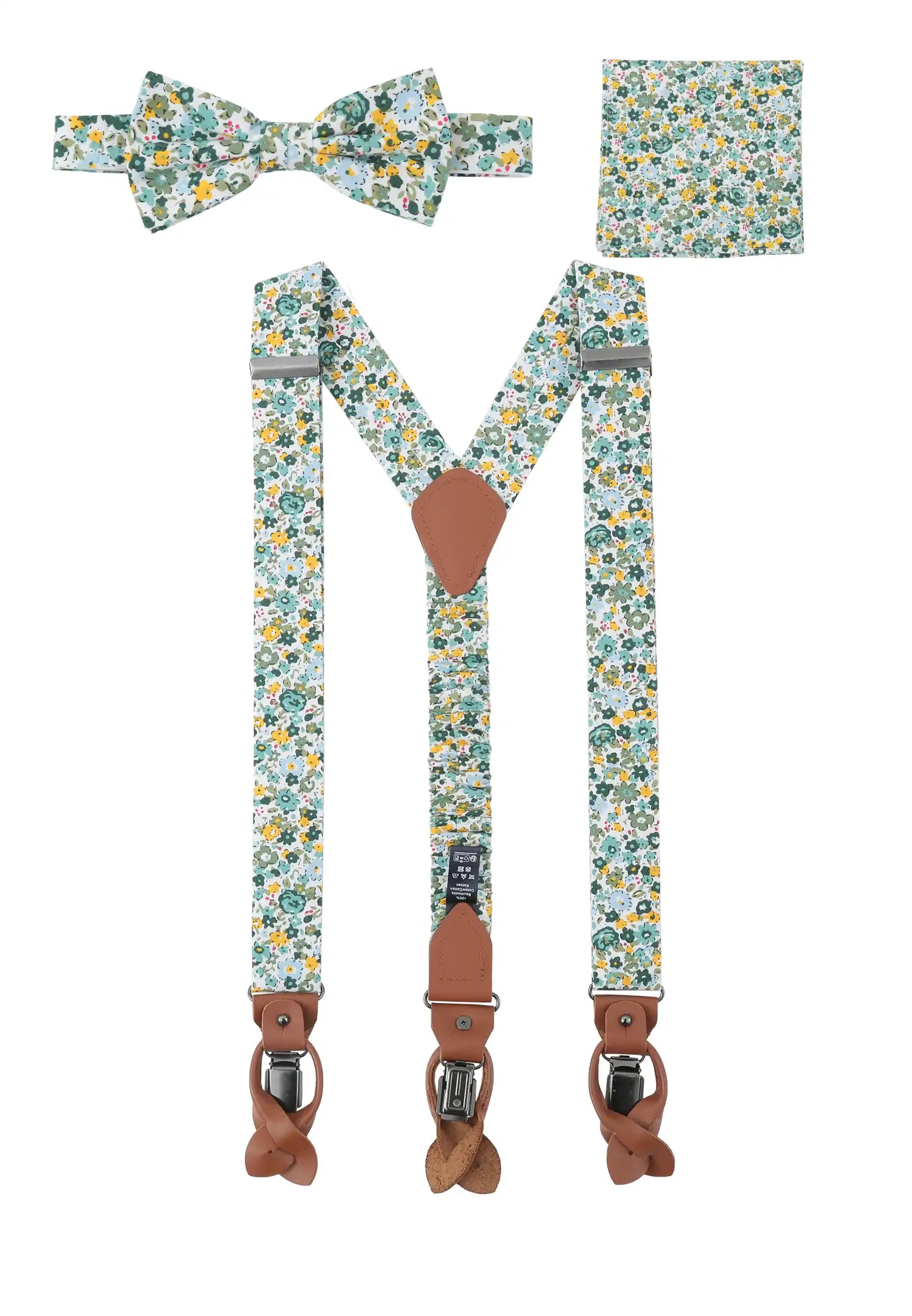 (Grün) Hosenträger Set Herren Blumenmuster Baumwolle – Gesamtansicht mit Fliege und Einstecktuch
