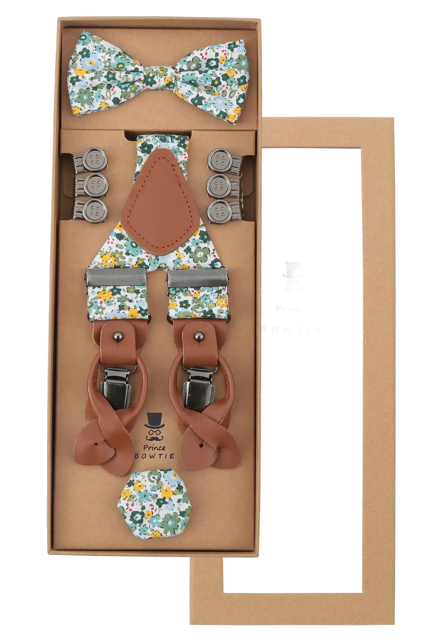 (Grün) Hosenträger Set Blumenmuster mit Fliege und Einstecktuch – Geschenkverpackung Prince Bowtie