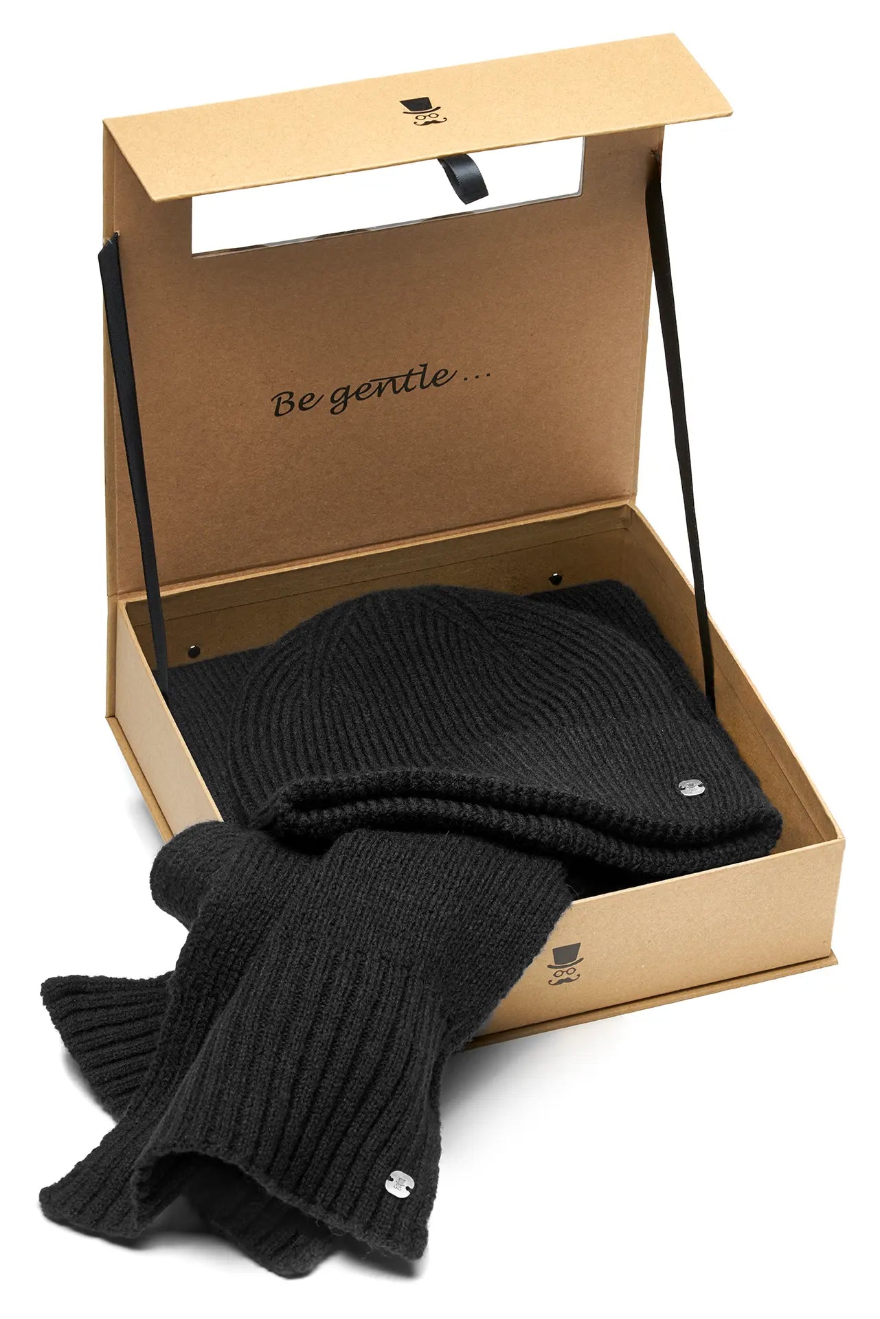 (Schwarz) Schal Mütze Set Herren Wolle – Winterset in Geschenkbox