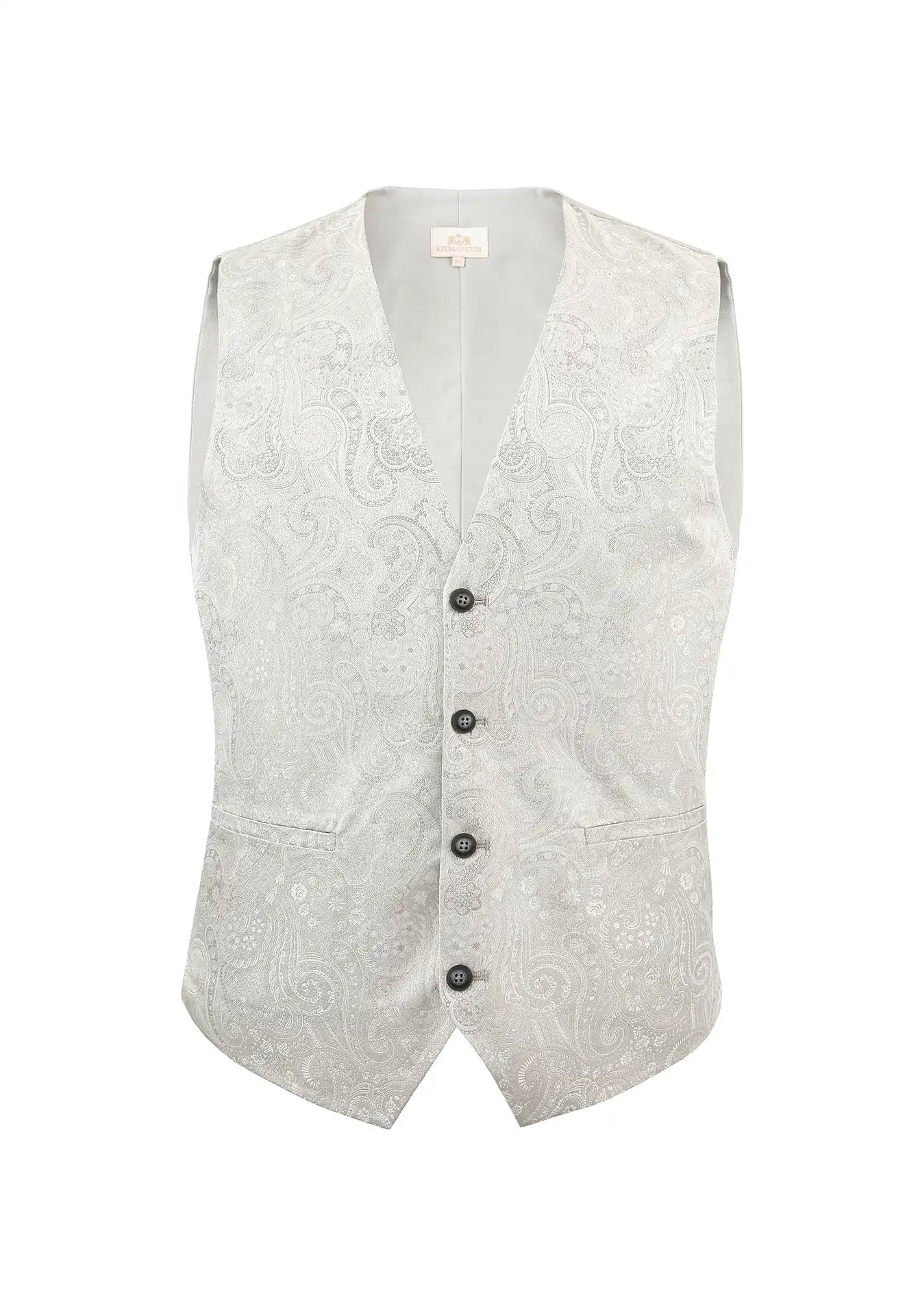 (Champagner) Hochzeitsweste Herren Paisley Seide – Frontalansicht V-Ausschnitt