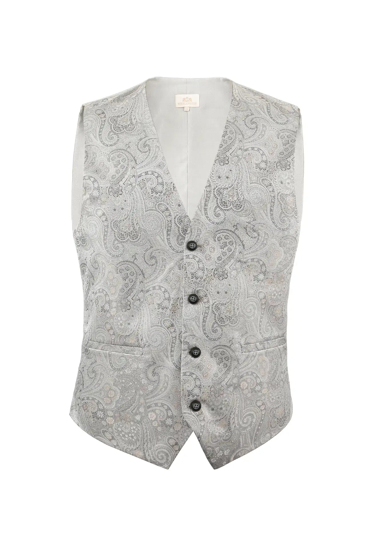 (Silber) Hochzeitsweste Herren Paisley Seide – Frontalansicht V-Ausschnitt