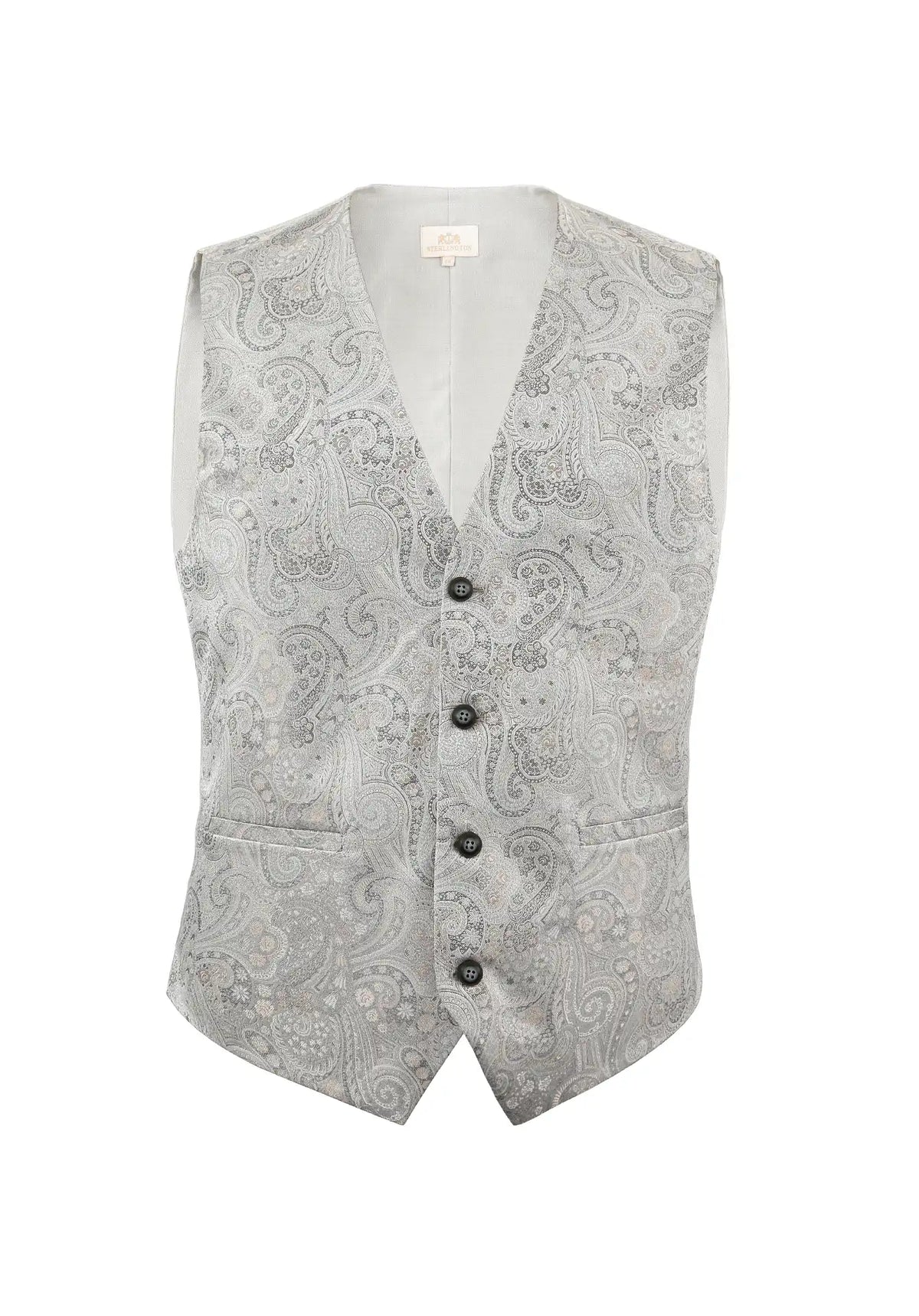 (Silber) Hochzeitsweste Herren Paisley Seide – Frontalansicht V-Ausschnitt