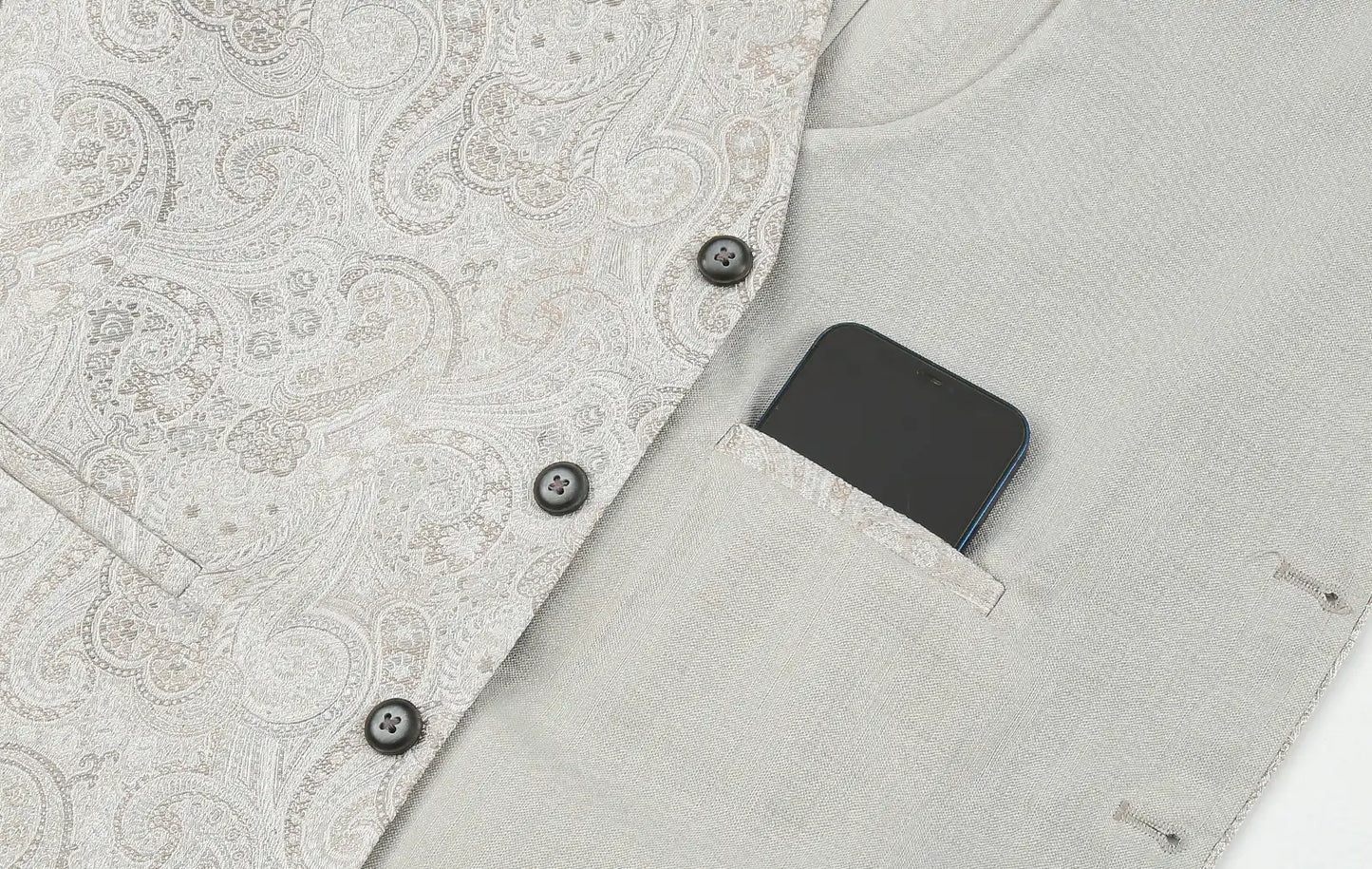 (Beige) Hochzeitsweste Paisley – Detailansicht Innentasche mit Handy