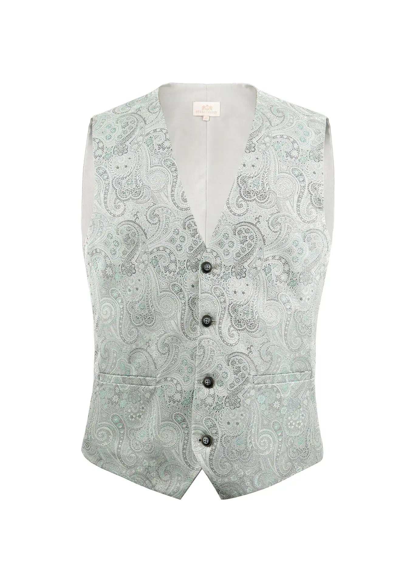 (Grün) Hochzeitsweste Herren Paisley Seide – Frontalansicht V-Ausschnitt