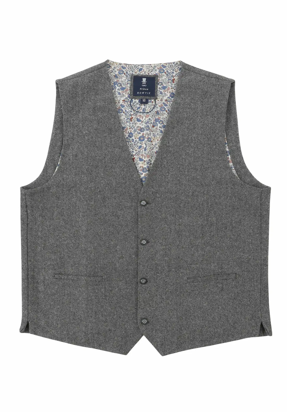 (Grau) Weste Herren Tweed – Frontalansicht mit Knopfleiste und Paspeltaschen