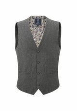 (Grau) Weste Herren Tweed Wolle – Frontalansicht mit floralem Innenfutter