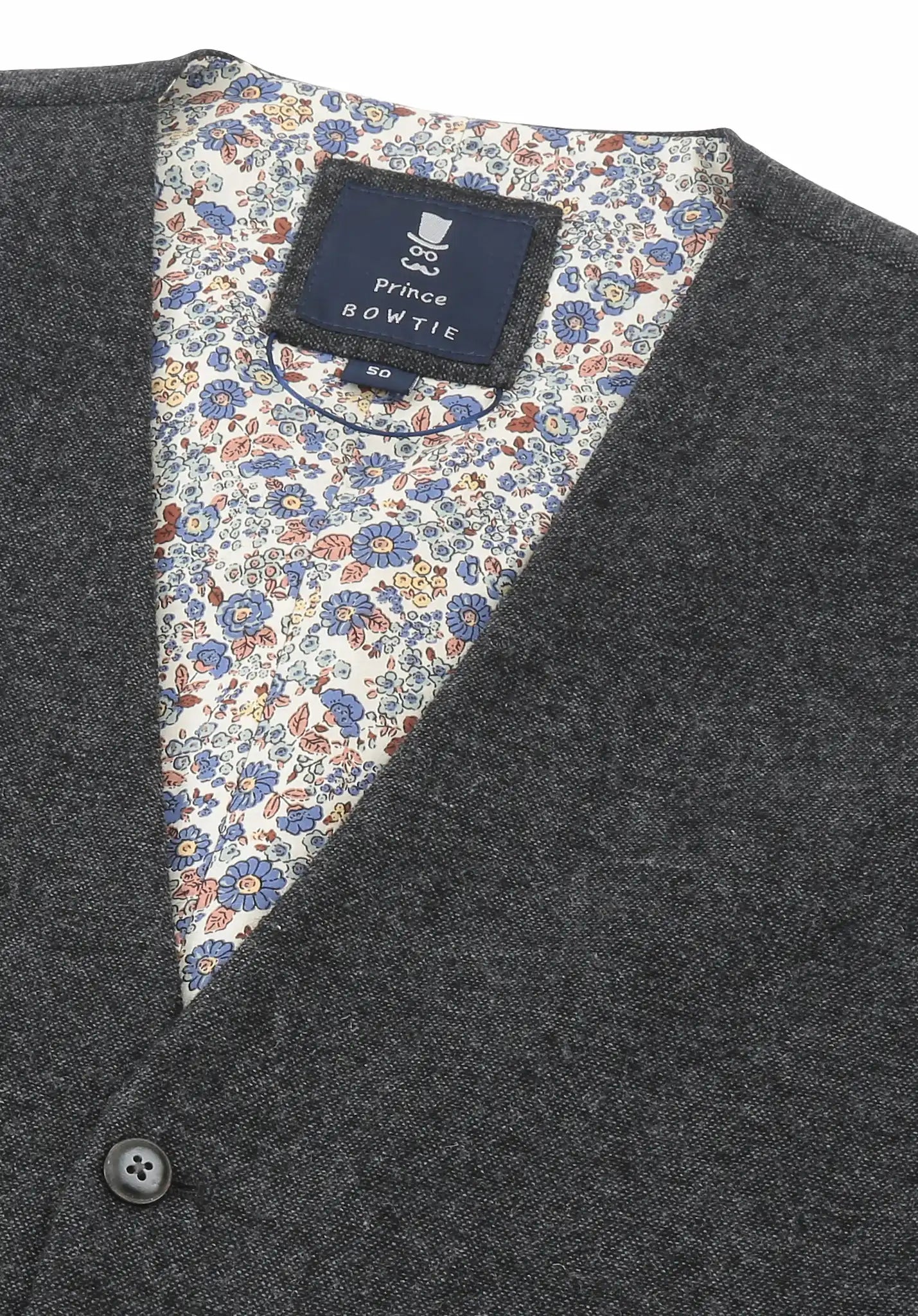 (Anthrazit) Weste Herren Tweed – Prince Bowtie Label mit Größenangabe