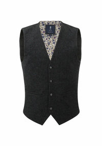 (Anthrazit) Weste Herren Tweed Wolle – Frontalansicht mit floralem Innenfutter