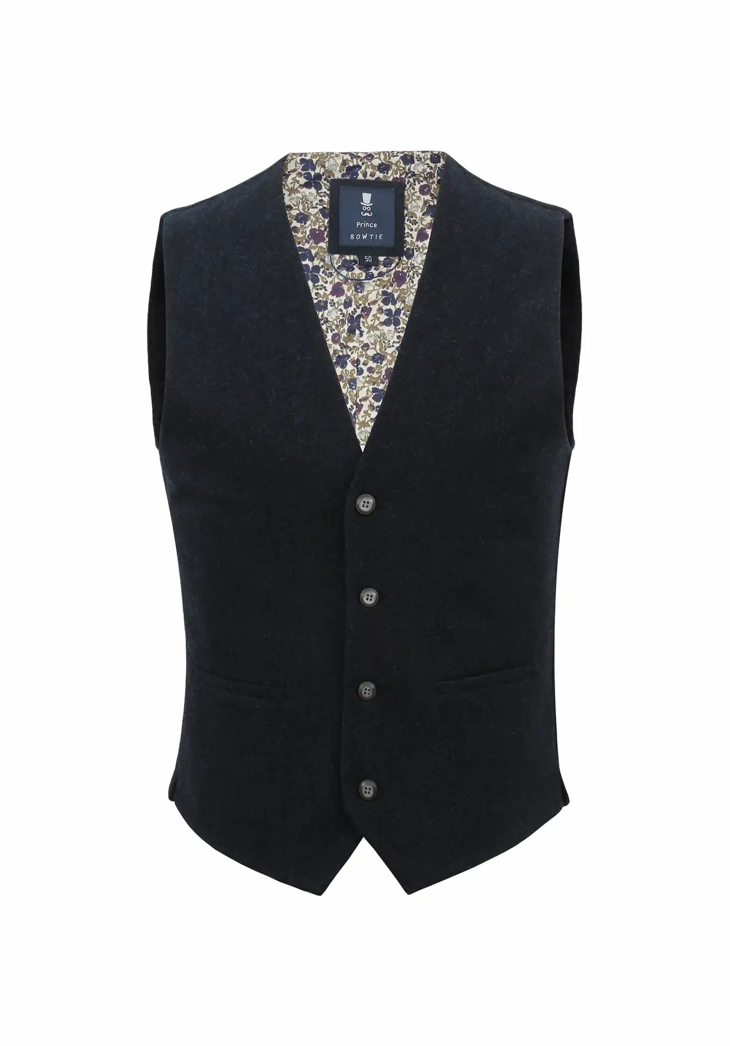 (Dunkelblau) Weste Herren Tweed Wolle – Frontalansicht mit floralem Innenfutter
