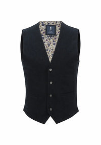 (Dunkelblau) Weste Herren Tweed Wolle – Frontalansicht mit floralem Innenfutter
