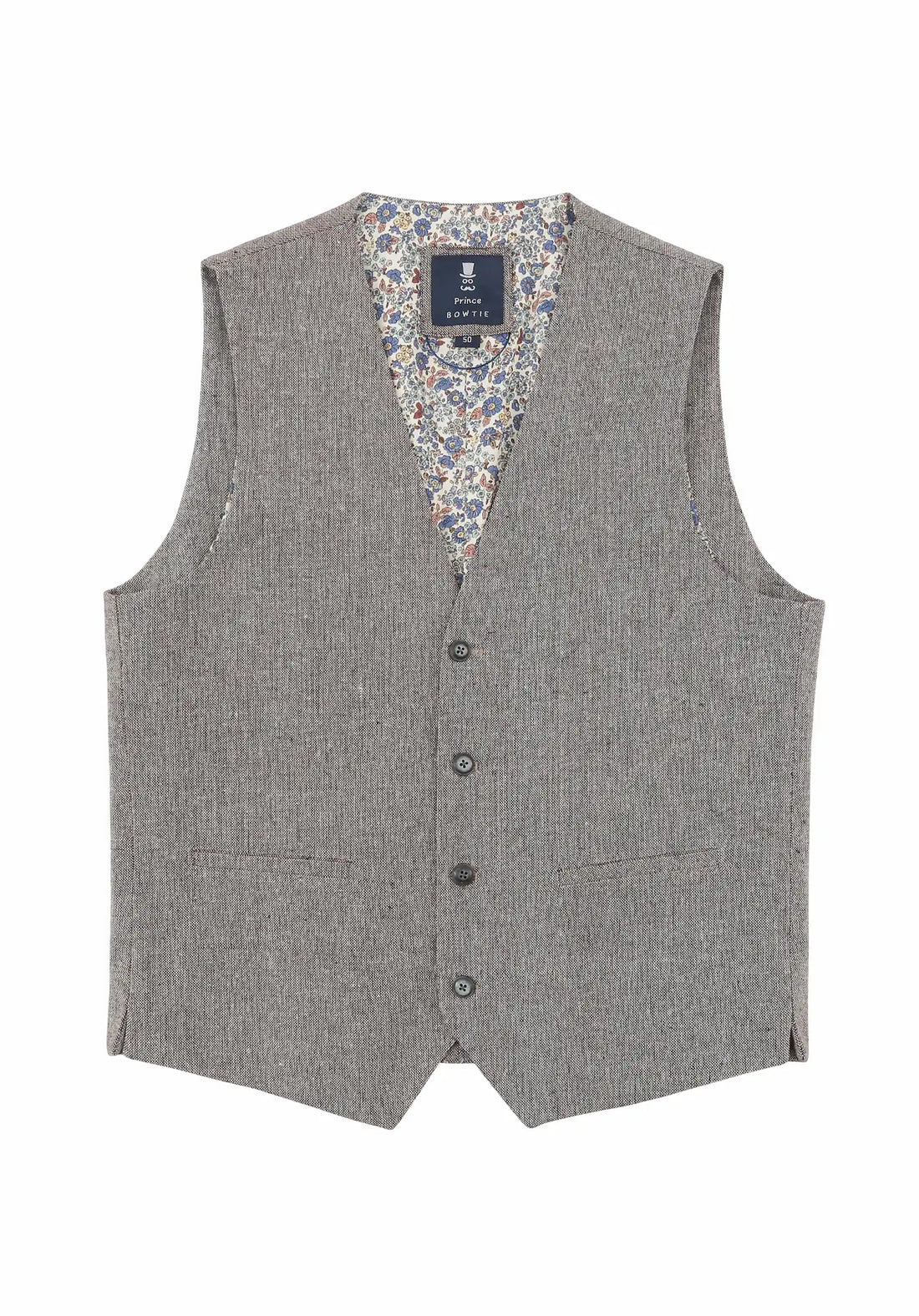 (Beige) Weste Herren Tweed – Frontalansicht mit Knopfleiste und Paspeltaschen